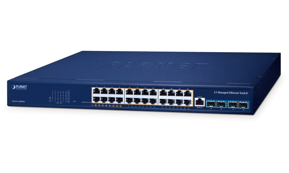 Planet GS-6311-24HP4X L3 switch, 24x1Gb, 4x10Gb SFP+, 8x PoE 802.3bt + 16x PoE 802.3at 480W, QoS