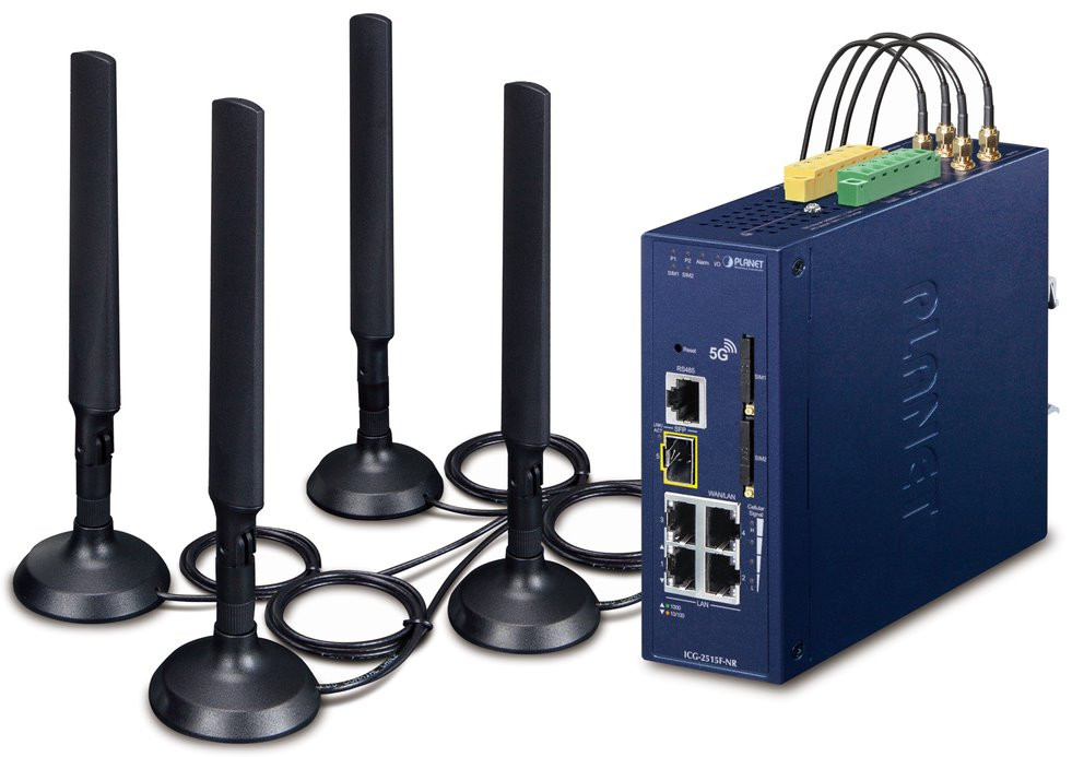 Planet dual 5G/LTE bezpečnostní brána, 2xWAN + 3xLAN/1xSFP, DI/DO, GPS, DIN, IP30, -40/+75°C, dual 9-54VDC