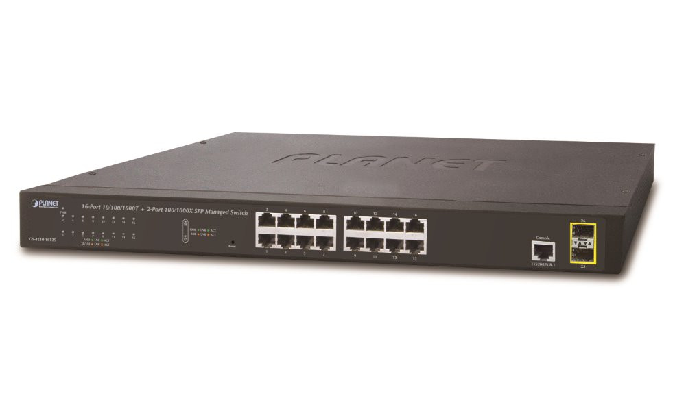 Planet GS-4210-16T2S L2 switch, 16x 1Gb, 2x 1Gb SFP, QoS, fanless