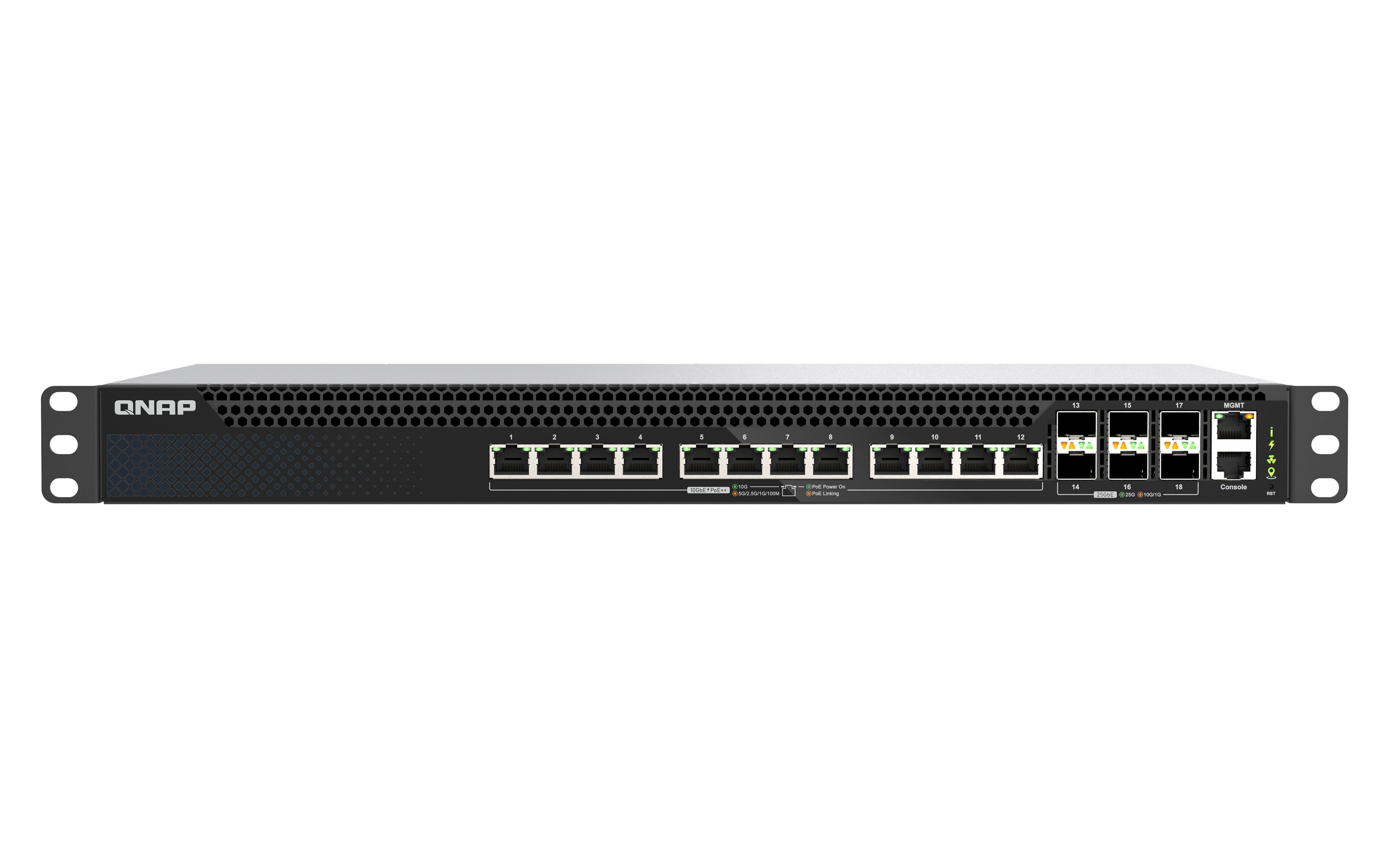 QNAP řízený switch QSW-M5218P-6F12T (6x 25GbE SFP28 port, 12x 10GbE PoE RJ45 port, L3)