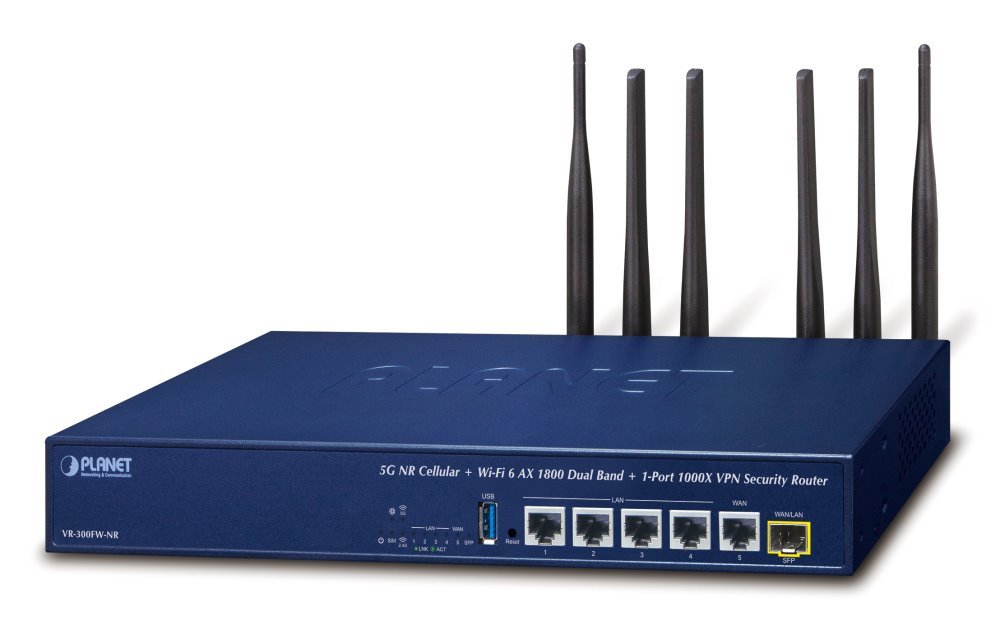 Planet VR-300FW-NR 5G Enterprise router/firewall VPN/VLAN/QoS/HA/AP kontroler, 1xWAN(SD-WAN), 4xLAN, 1xSFP, WiFi802.11ax