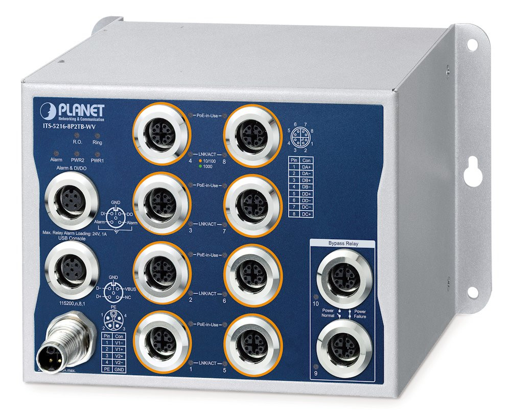 Planet Průmyslový PoE switch 8x Gb 802.3at 100W, 2x Gb Bypass, IP50, -40~+70°C, 24-110VDC, M12 konektory
