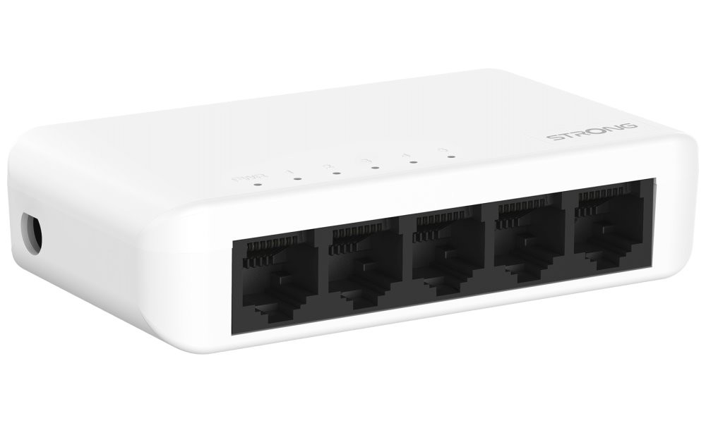STRONG switch SW5000P/ 5x port Gigabit RJ45/ 10/100/1000 Mb/s/ 10 Gb/s/ 802.3i/u/ab/ plastové šasi/ bílý
