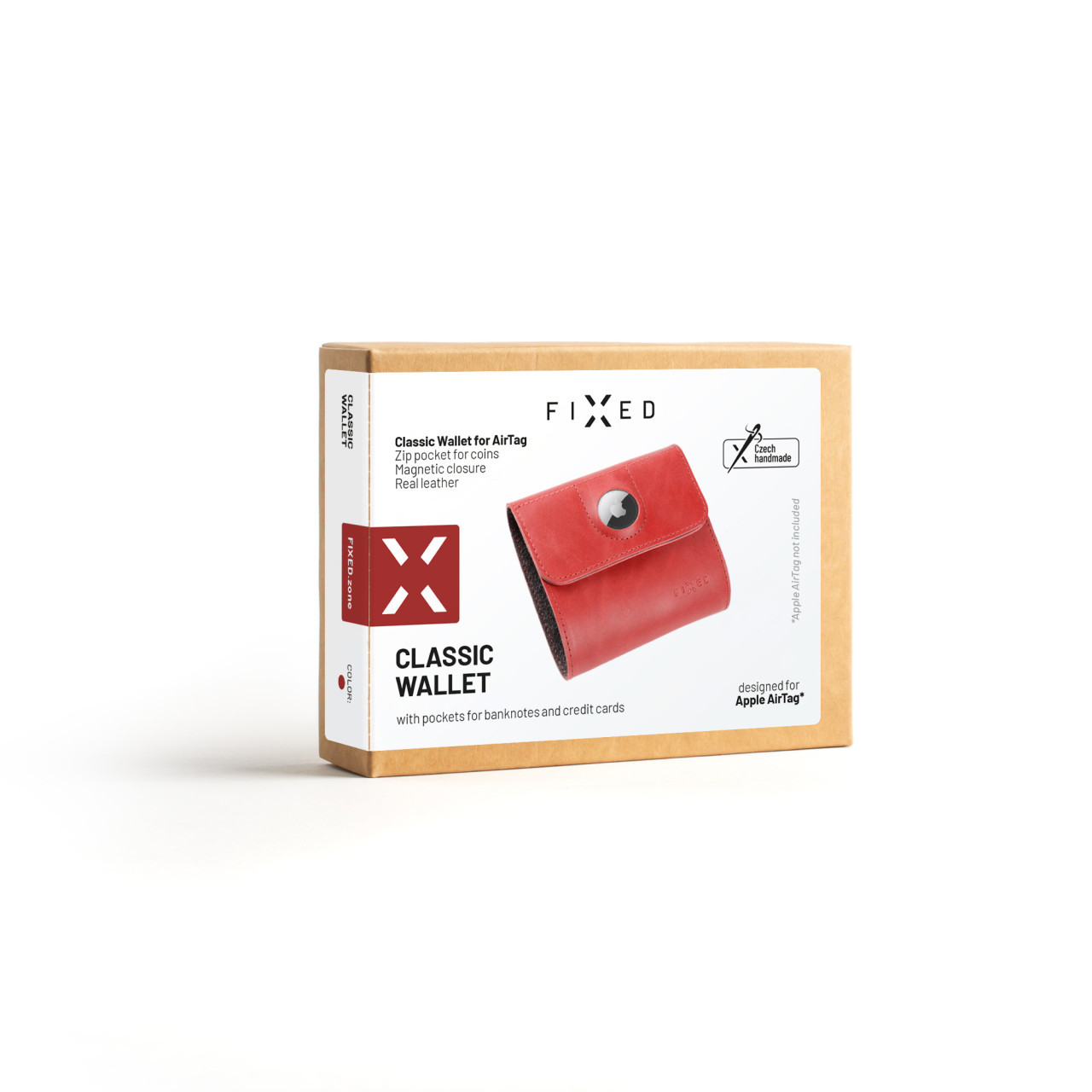 Kožená peněženka FIXED Classic Wallet for AirTag z pravé hovězí kůže, červená