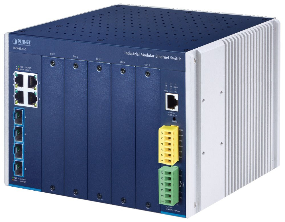 Planet IMS-6325-5 průmyslový L3 modulární switch, 4x1G, 5 slotů pro přídavné moduly IMS, IP30, -40~75°C, Dual 12~48VDC