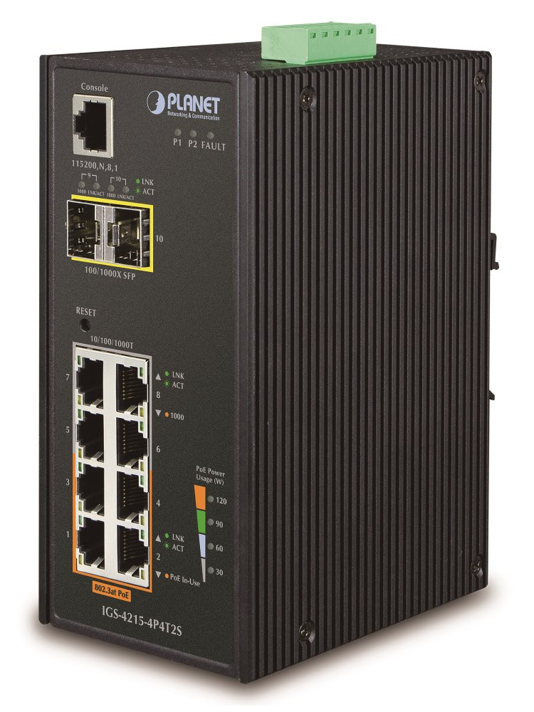 Planet IGS-4215-4P4T2S průmyslový L2 switch, 4x1Gb, 2x1Gb SFP, 4x PoE 802.3at 140W, 48-54VDC, -40~75°C, IP30