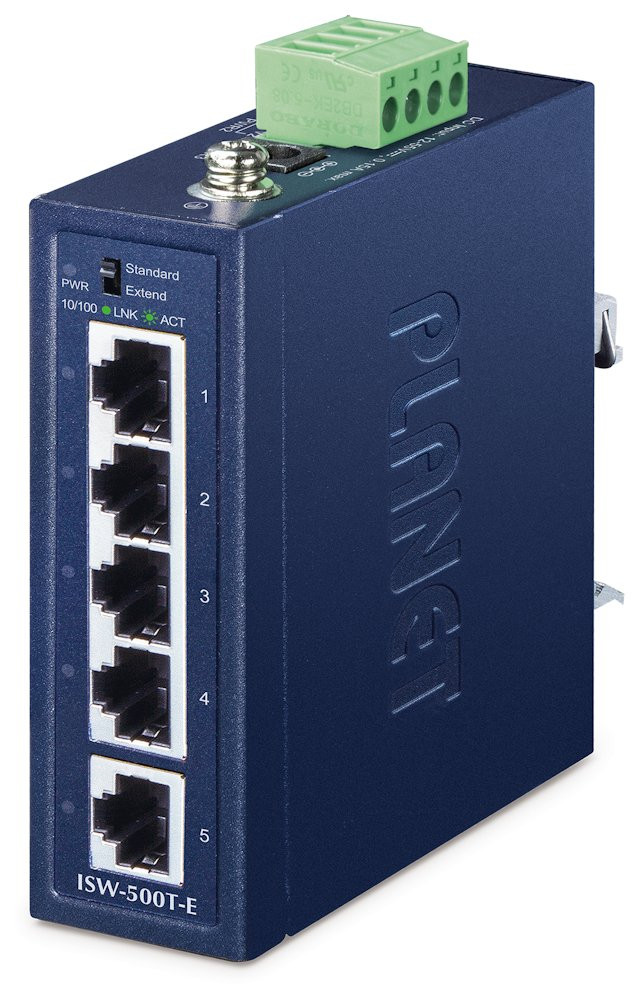 Planet ISW-500T-E kompaktní průmyslový switch, 5x 10/100Base-TX, ESD, DIN, 12-55VDC, IP40, -40~75°C, 250m Extended