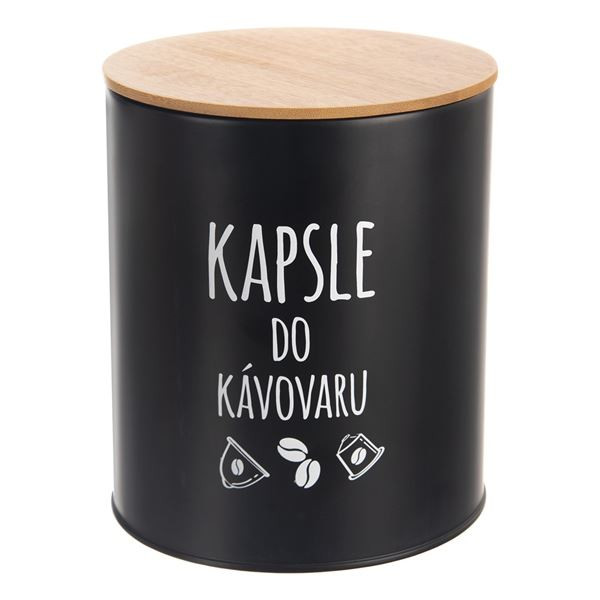 Dóza - na kapsle, plech/bambus, černá, 1 ks