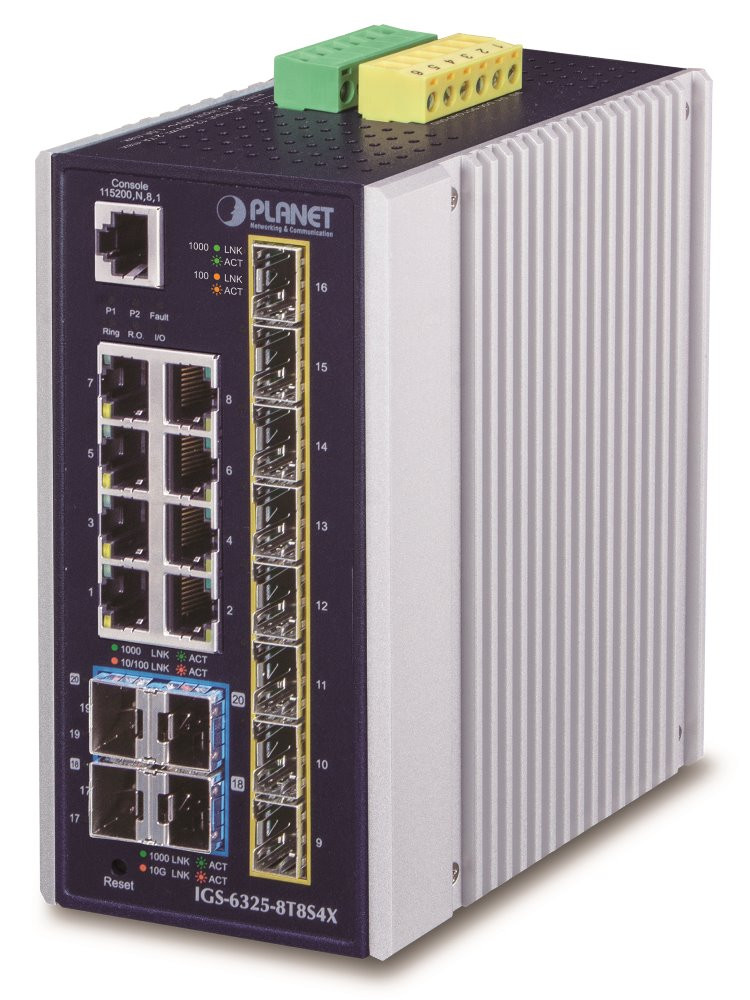 Planet IGS-6325-8T8S4X průmyslový L3 switch, 8x1Gb, 8x2.5Gb SFP + 4x10Gb SFP+, 12-48VDC, -40~75°C, IP30, fanless