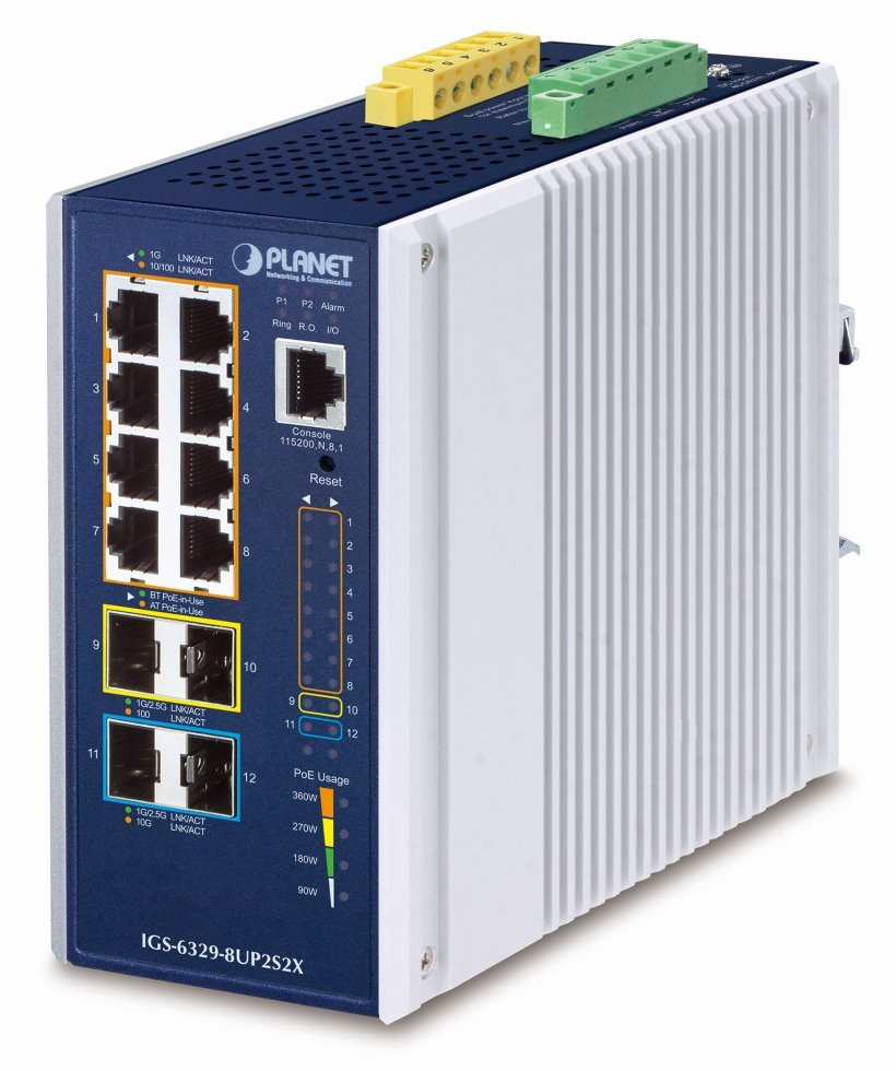 Planet IGS-6329-8UP2S4X průmyslový L3 switch, 8x1Gb, 2x2.5Gb SFP, 2x10Gb SFP+, PoE 802.3bt 360W, 48-54VDC, -40~75°C