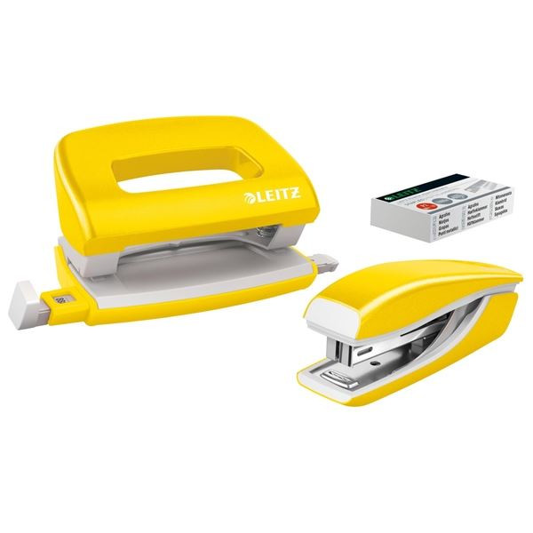 Sada mini sešívačky a děr. Leitz WOW - žlutá