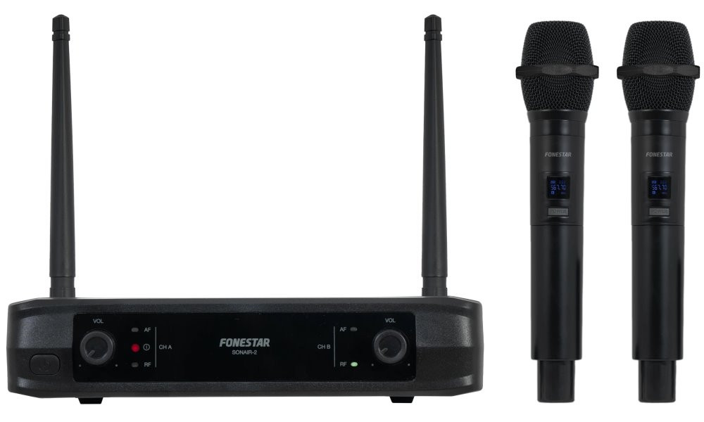 Fonestar Duální UHF mikrofonní set, 2× ruční Mic, fixní frekvence, dosah 30 m, XLR/Jack výstup, latence 3 ms