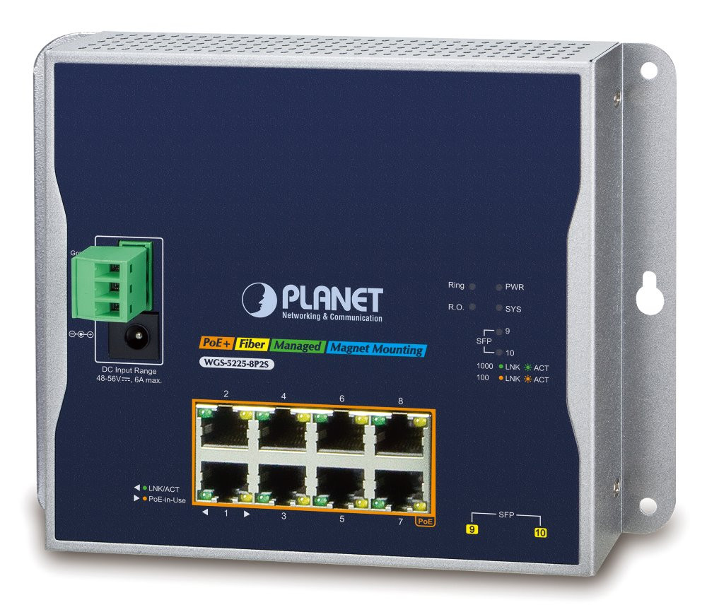 Planet WGS-5225-8P2S plochý L3 switch, 8x1Gb, 2x2.5Gb SFP, 8x PoE 802.3at 240W, 48-56VDC, -40~75°C, IP30, fanless