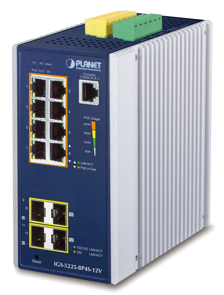 Planet IGS-5225-8P4S-12V průmyslový L3 switch, 8x1Gb, 2x1Gb SFP, 2x2.5Gb SFP, 8x PoE 802.3at 240W, 12-54VDC, -40~75°C