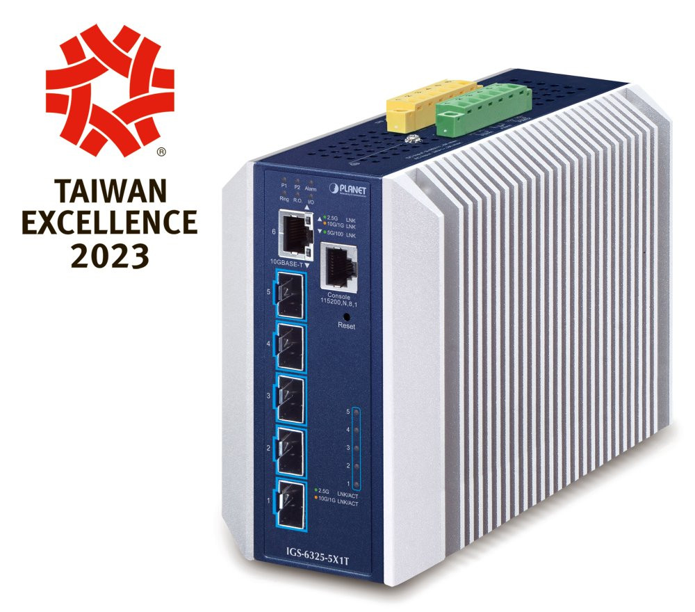 Planet IGS-6325-5X1T průmyslový L3 switch, 1x10Gb, 5x10Gb SFP+, 9-48VDC, -40~75°C, IP30, fanless