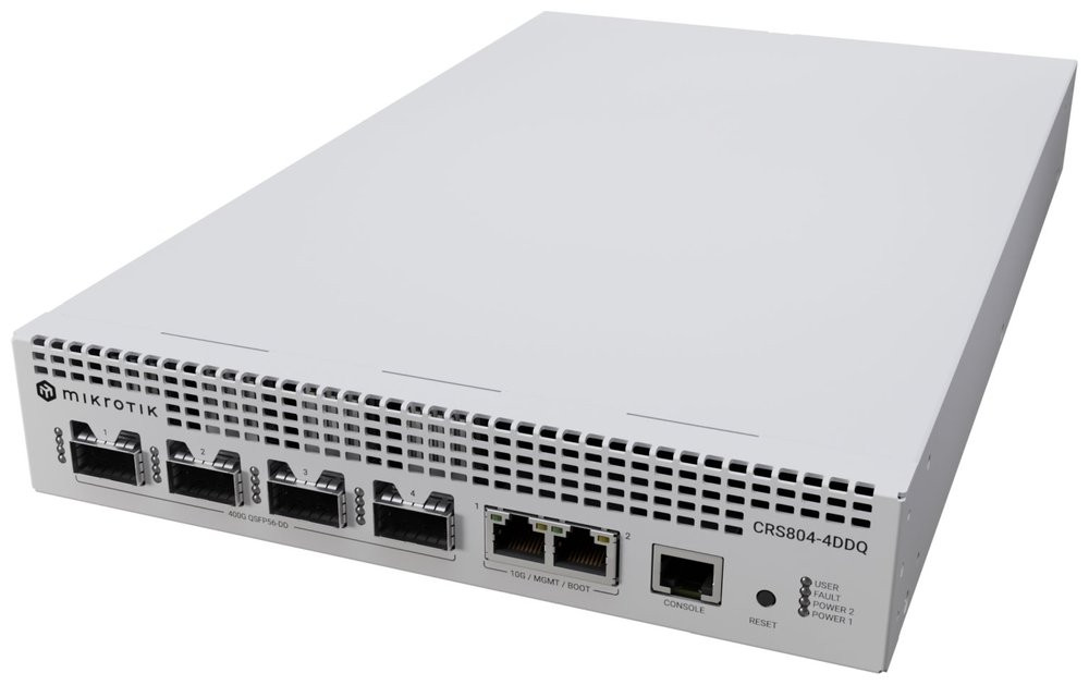 MikroTik Cloud Switch CRS804 DDQ, 4x 2GHz CPU, 2x 10 GbE, 4x QSFP56-DD, 2x PSU, L6
