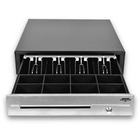 Virtuos pokladní zásuvka C430D - s kabelem, kovové držáky, nerez panel, 9-24V, černá