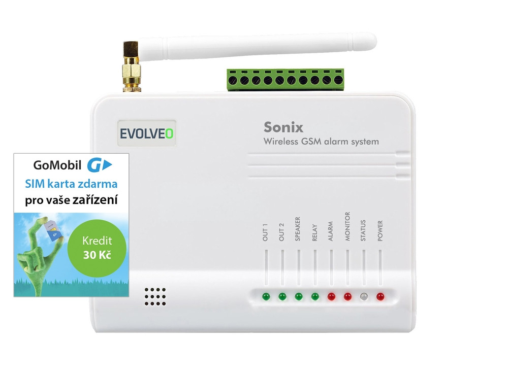 EVOLVEO Sonix - bezdrátový GSM alarm (4ks dálk. ovlád.,PIR čidlo pohybu,čidlo na dveře/okno,externí repro,Android/iPhone) + SIM 