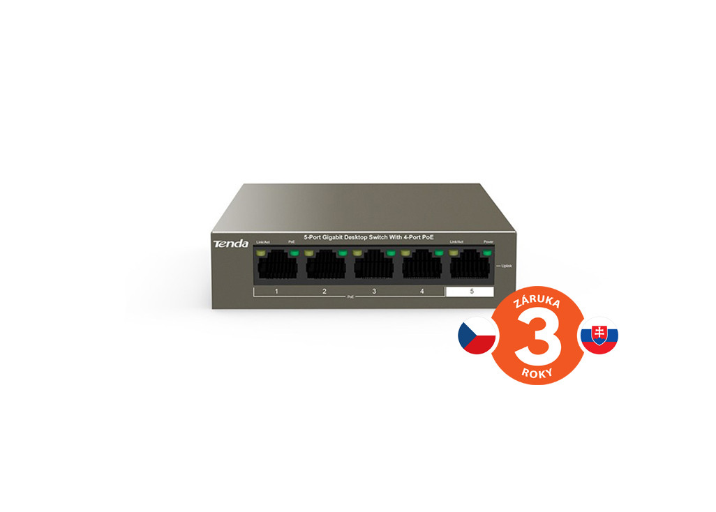 Tenda TEG1105P-4-63W PoE AT switch 4x PoE 802.3af/at, 5x 1 Gb/s, PoE celkem 63W, fanless, PoE+