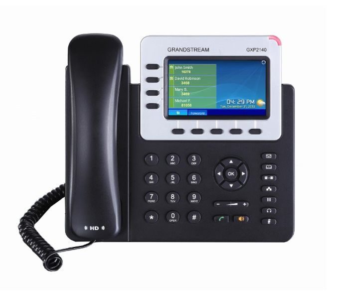 Grandstream GXP-2140, 4,3" bar. displej, 4 SIP, 2x 10/100/1000port, PoE, Hd zvuk, BT