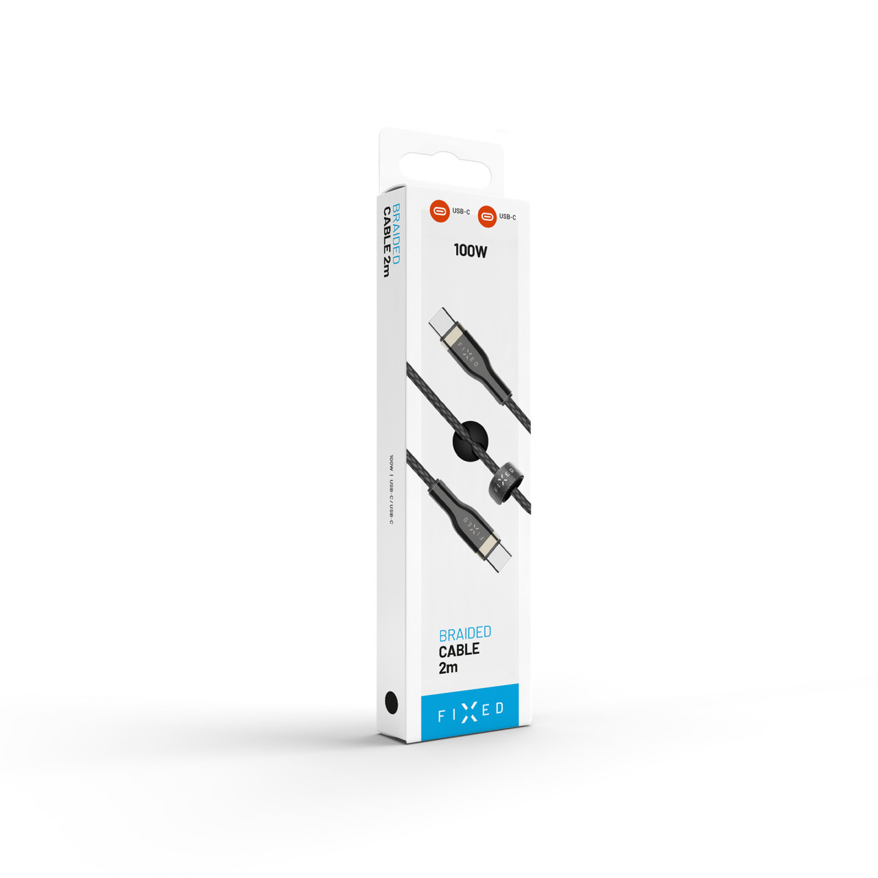 Dlouhý nabíjecí a datový opletený kabel FIXED s konektory USB-C/USB-C a podporou PD, 2m, USB 2.0, 100W, černý