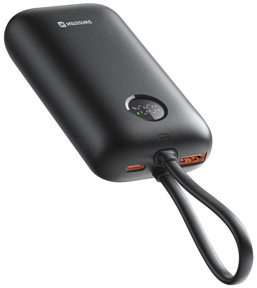 Swissten Power bank VOLTBOX 35W 10000 mAh s integrovanými kabely - USB-C, A, Lightning / černá
