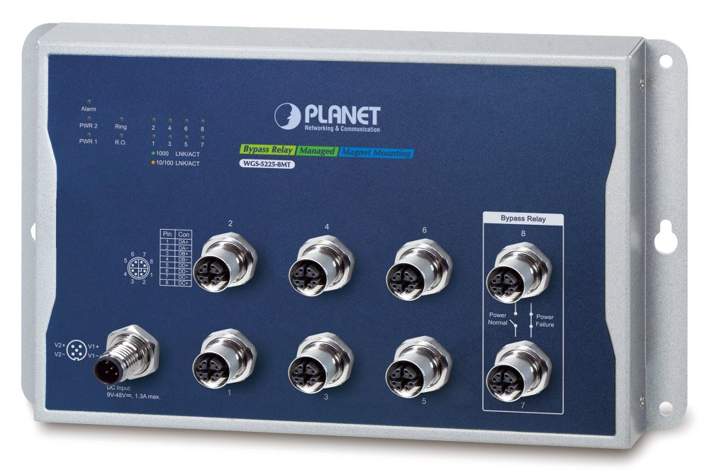 Planet WGS-5225-8MT plochý L3 switch, 8x1Gb M12, 9-48VDC, -40~75°C, IP40, fanless