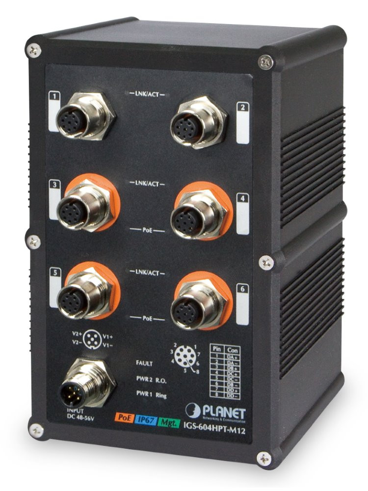 Planet IGS-604HPT-M12 vodotěsný průmyslový switch, 6xGE M12, 4x PoE 802.3at 140W, 48-56VDC, -40~75°C, IP67, EN50155