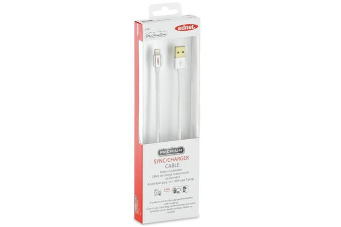 Ednet -  Apple IP5/6 nabíjecí a datový kabel, Apple 8pin - USB A  St/St, 1,0m, High Speed UL, MF, zlacené konektory