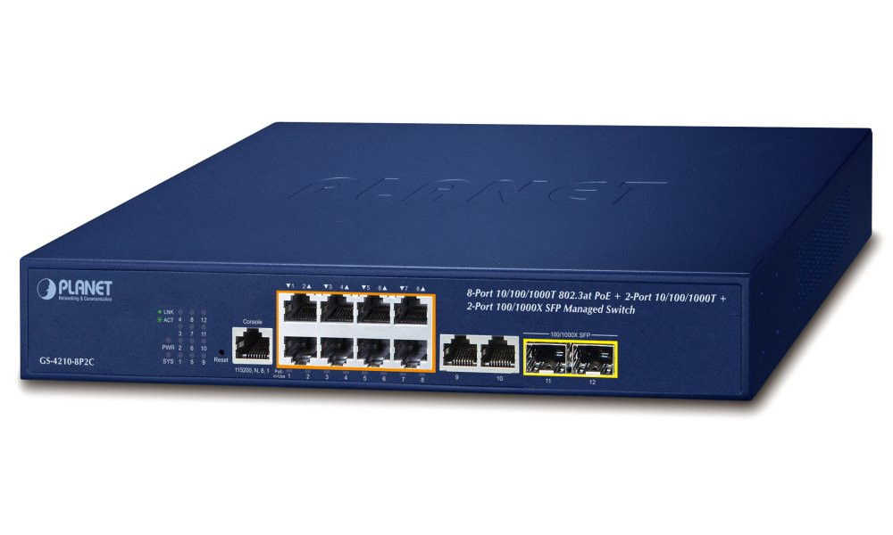 Planet GS-4210-8P2C L2 switch, 10x1Gb, 2x1Gb SFP, 8x PoE 802.3at 120W, QoS