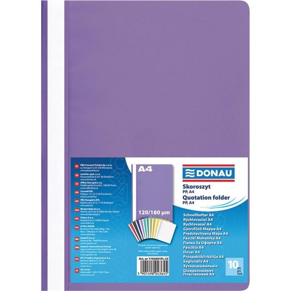 Plastové rychlovazače DONAU A4, fialové, 10 ks