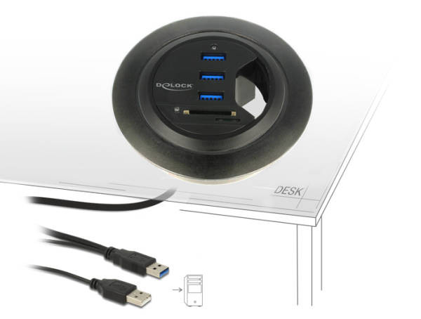 Delock Stolní Hub USB 3.0 3-portový + čtečka SD karet s 2 sloty