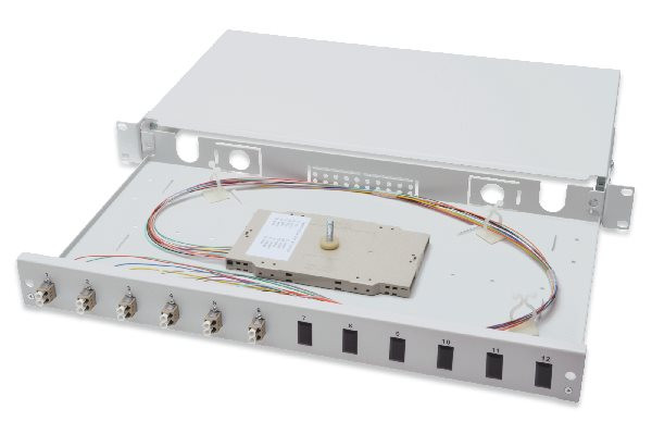 Digitus Fiber Optic Sliding Splice Box, 1U, Equipped 6x LC Duplex, incl. M 25 Screw, Splice Cassette OM2 Color Pigtails, Adapter