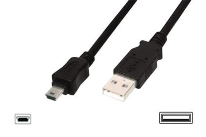 Digitus Připojovací kabel USB 2.0, typ A - mini B (5pin) M/M, 3,0 m, kompatibilní s USB 2.0, bl