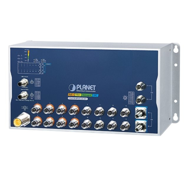 Planet Průmyslový PoE switch 8x Gb 802.3at, 8x Gb, 2x 10 Gb, M12 konektory, 2x 10G Q-ODC, IP40, -40+70°C, 24-110 VDC