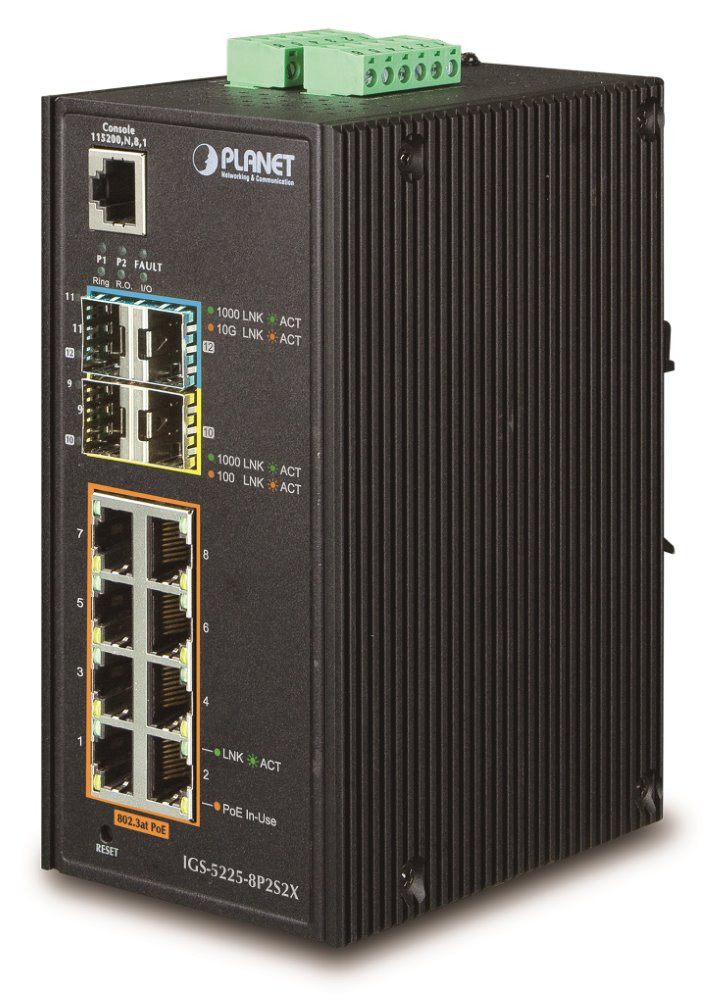 Planet IGS-5225-8P2S2X průmyslový L3 switch, 8x1Gb, 2x2.5Gb SFP, 2x10Gb SFP+, 8x PoE 802.3at 240W,dual 48-56VDC,-40~75°C