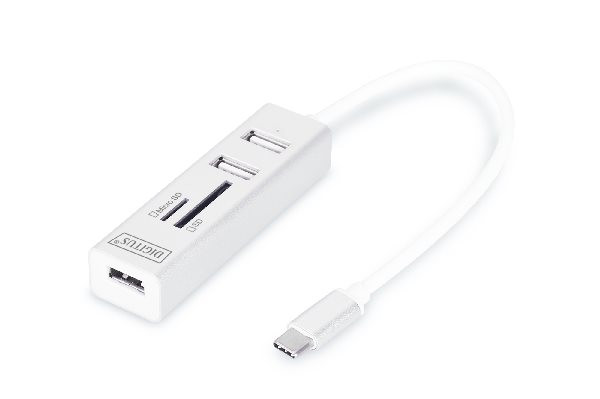 DIGITUS USB 2.0 Type-C s ctečka karet 3x USB 2.0. 1x SD, 1x MicroSD Port, Hliník