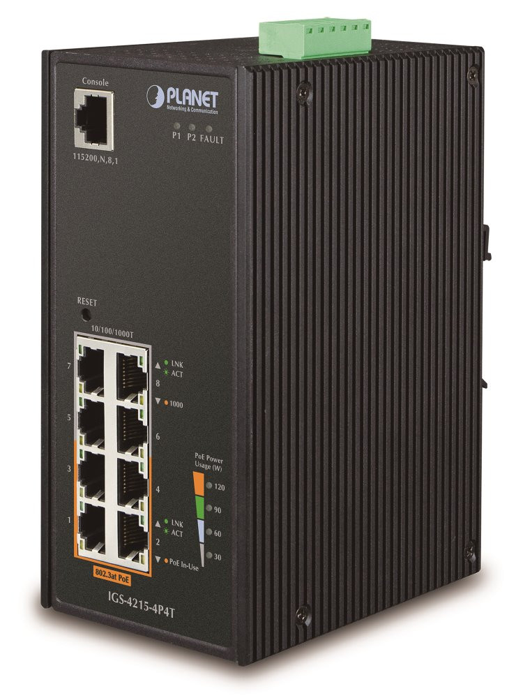 Planet IGS-4215-4P4T průmyslový L2 switch, 8x1Gb, 4x PoE 802.3af 140W, 48-54VDC, -40~75°C, IP30