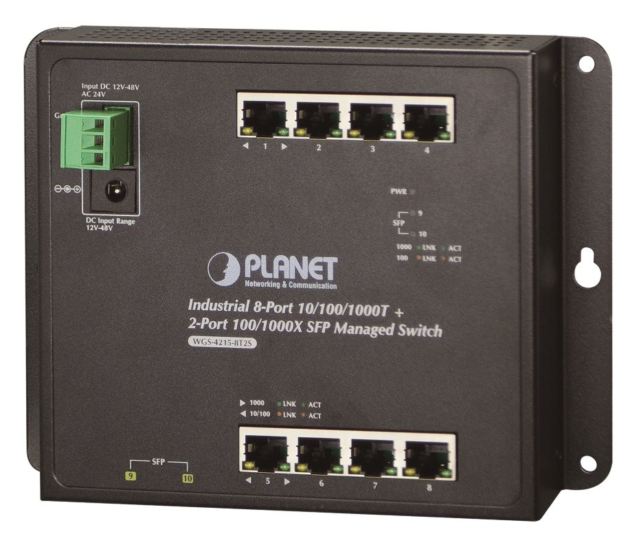 Planet WGS-4215-8T2S plochý L4 switch, 8x1Gb, 2x1Gb SFP, 12-48VDC/24VAC, -40~75°C, IP30, fanless
