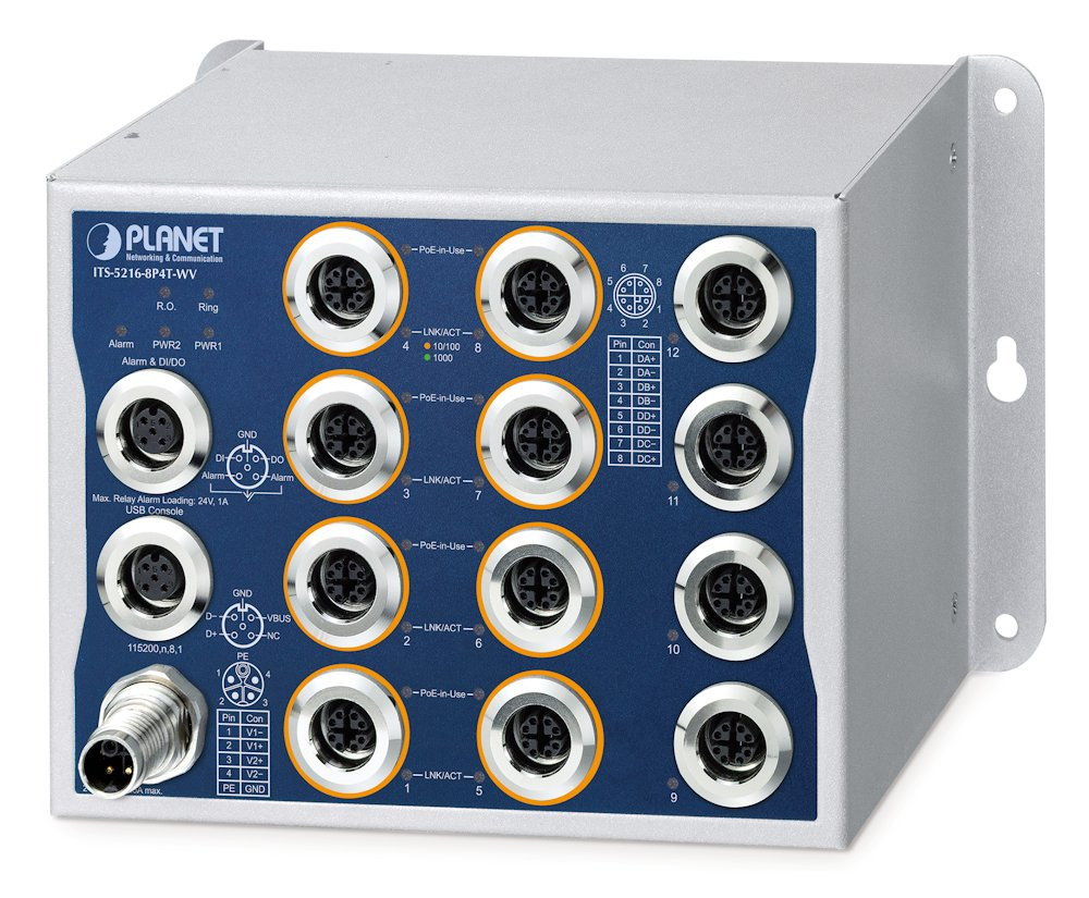 Planet Průmyslový PoE switch 8x Gb 802.3at 100W, 4x Gb, IP50, -40~+70°C, 24-110VDC, M12 konektory