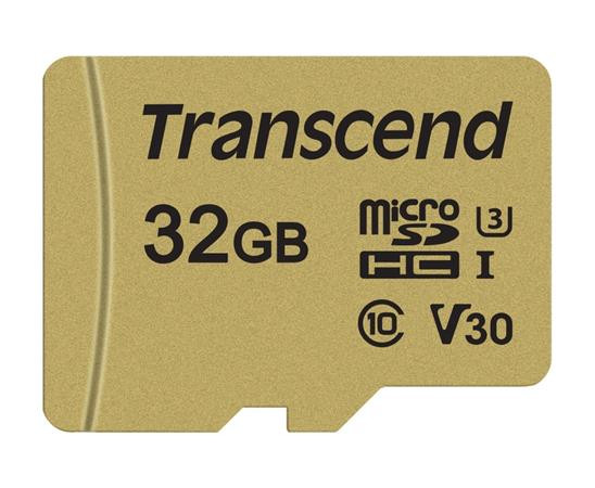 Transcend 32GB microSDHC 500S UHS-I U3 V30 (Class 10) MLC paměťová karta (s adaptérem), 95MB/s R, 55MB/s W 