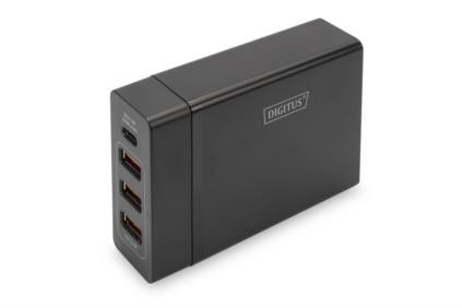 Digitus 4-portová USB nabíječka, 72 W, 1xUSB-C (PD), 5,9,15,20V / 3A, 3x USB-A 5V / 2,4A, černá