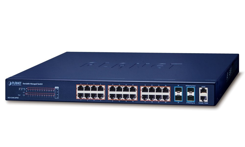 OPRAVENÉ - Planet SGS-5240-24P4X L2/L3 PoE switch, 24x 1GE, 4x 10G SFP+, PoE 802.3at 30/370W, stohování