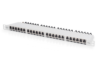 DIGITUS CAT 6A EA patch panel, stíněný, 24portový kryt proti prachu RJ45, 8P8C, 0,5U, šedý RAL 7035