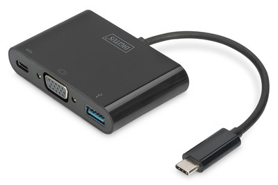 DIGITUS Adaptér USB typu C Multiport na VGA 1x VGA, 1x USB-C (PD), 1x USB 3.0, černý