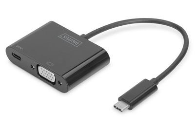 DIGITUS Adaptér USB typu C na VGA, Full HD 1080p + USB C (PD), černý