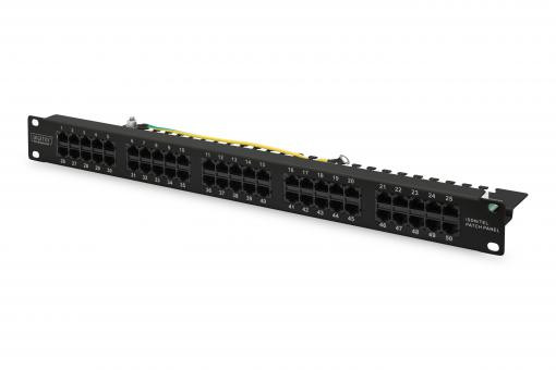 DIGITUS CAT 3 ISDN Patch Panel, nestíněný, 50 portů RJ45 8P4C, LSA, 1U, montáž do stojanu, černá, 482x44x109 mm