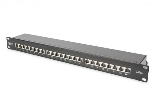DIGITUS CAT 6A Patch Panel, stíněný, 1U, 24 portů, 8P8C, černy RAL 9005, 483 mm (19 ") / 482,6x44x109