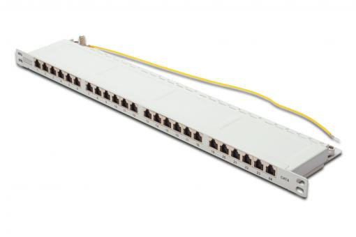 DIGITUS CAT 6 Patch Panel, stíněný, 24 portů RJ45 w. závěrka, 8P8C, LSA, 0,5U, 19 "montáž do racku, šedá