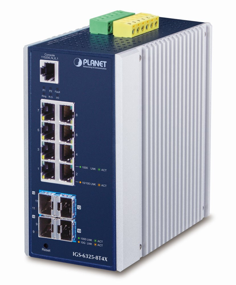Planet IGS-6325-8T4X průmyslový L3 switch, 8x1Gb, 4x10Gb SFP+, 12-48VDC, -40~75°C, IP30, fanless